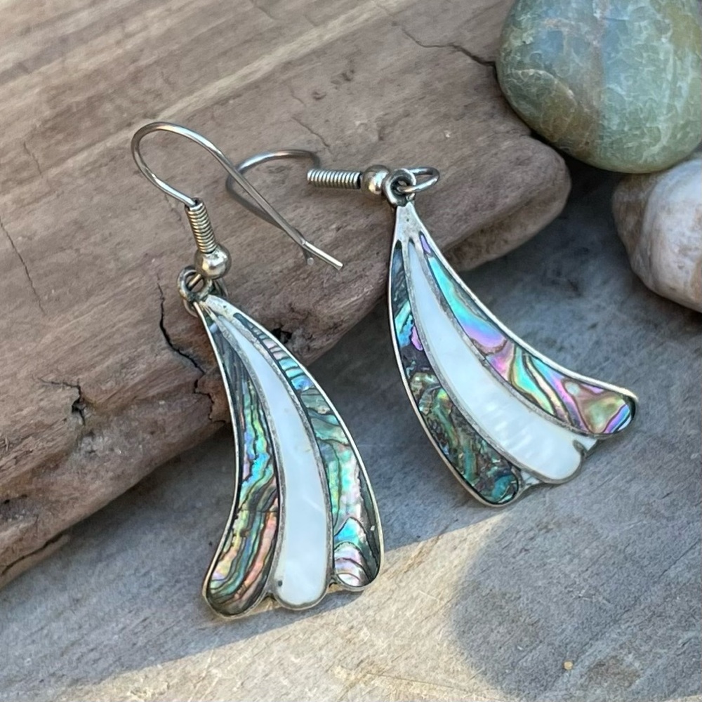 Art Deco Silver Abalone MOP &  Enamel Dangle Drop Pierced Earring